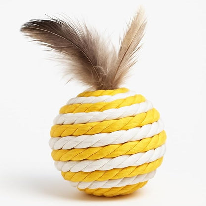 Ball for cat with Feathers - Balls for Cats – Natural Toy for Indoor Cats – Eco-Friendly, Durable, Interactive Play Balls for Kittens – Pet-Safe Chew &amp; Scratch Toys (Yellow)