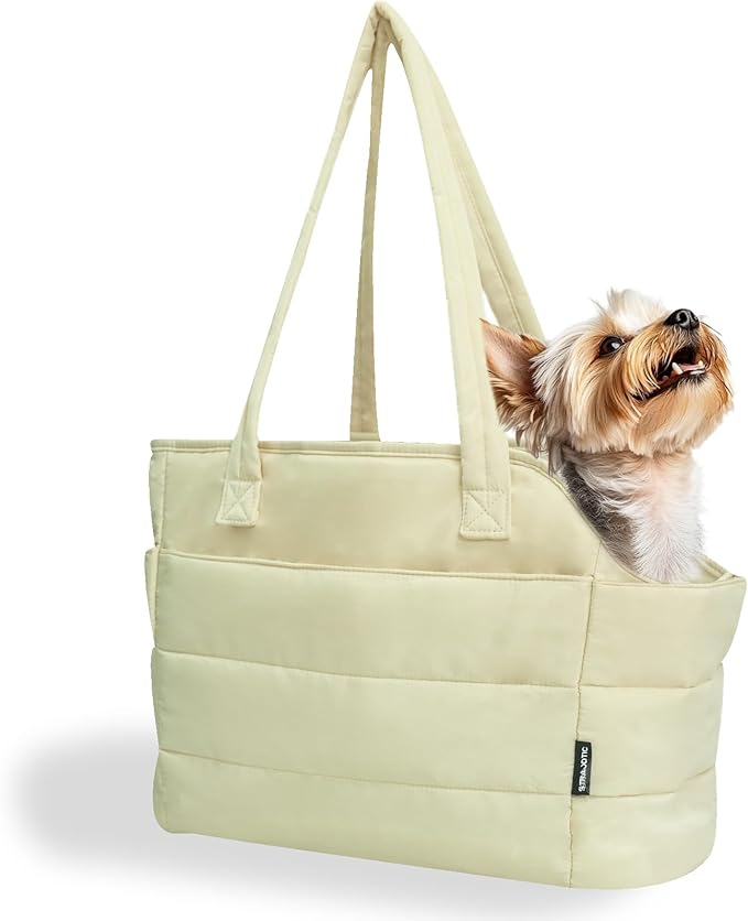 Lightweight Dog Purse Carrier for Small Dogs Under 15 lbs, Puffy Quilted Pet Carrier Tote for Puppies with Safety Leash Clip, Women&