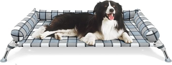 Elevated Raised Dog Bed Cot - Cooling Raised Dog Bed with Bolster Portable Washable Pet Hammock with Pillows &amp; Metal Frame for Indoor &amp; Outdoor, Large