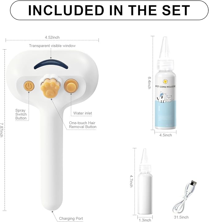 3-in-1 Pet Steam Brush Set for Dogs &amp; Cats, Grooming Comb with Spray, Defur Tool, Water-Assisted Hair Removal, Gentle Cat &amp; Dog Spritz Brush, Multi-Purpose Steam Grooming Kit