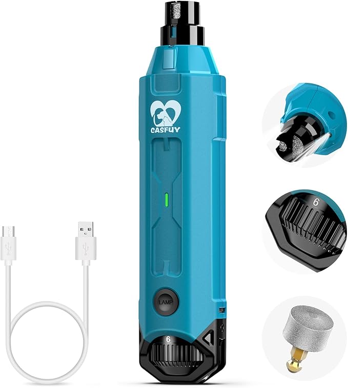 Casfuy 6-Speed Dog Nail Grinder - Newest Enhanced Pet Nail Grinder Super Quiet Rechargeable Electric Dog Nail Trimmer Painless Paws Grooming &amp; Smoothing Tool for Large Medium Small Dogs (Bright Blue)