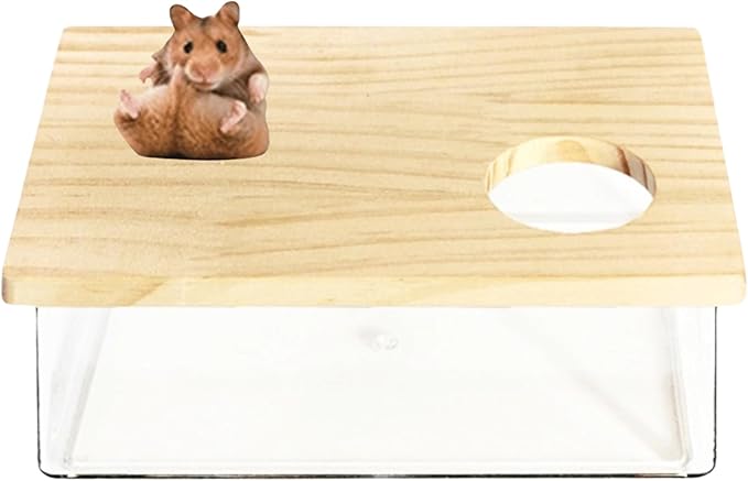 Hamster Sand Bath Box Container, Small Pet Sandbox Lid Design Take Bath Wooden Sandbox Dust Bath, Transparent Bathroom &amp; Digging Box Acrylic Syrian Hamster Litter Box Small Animal Accessories (A)