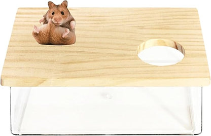 Hamster Sand Bath Box Container, Small Pet Sandbox Lid Design Take Bath Wooden Sandbox Dust Bath, Transparent Bathroom &amp; Digging Box Acrylic Syrian Hamster Litter Box Small Animal Accessories (A)