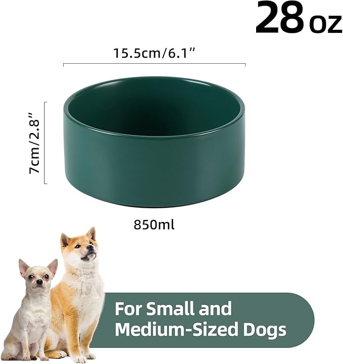 Ceramic 6.1inch Non-Slip Dog Food and Water Bowl for Small &amp; Medium Breed Dogs,Pet Bowl for Replacement, Protects Cervical Spine (Green)