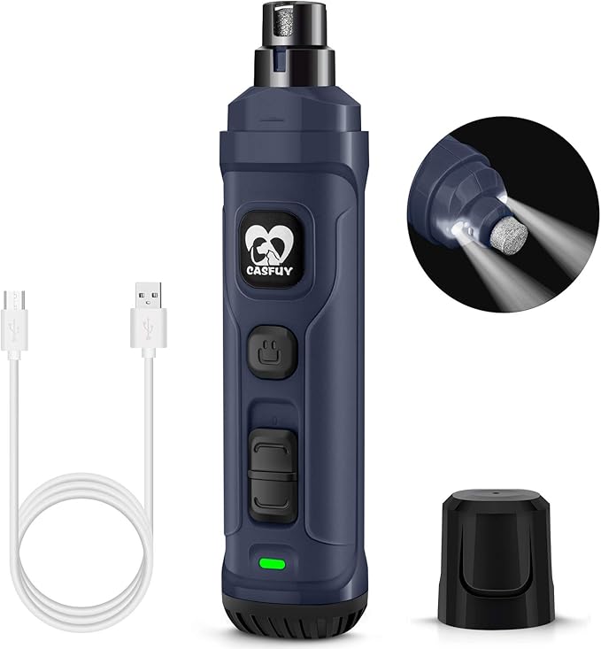 Casfuy Dog Nail Grinder with 2 LED Light - New Version 2-Speed Powerful Electric Pet Nail Trimmer Professional Quiet Painless Paws Grooming &amp; Smoothing for Small Medium Large Dogs and Cats (Blue)