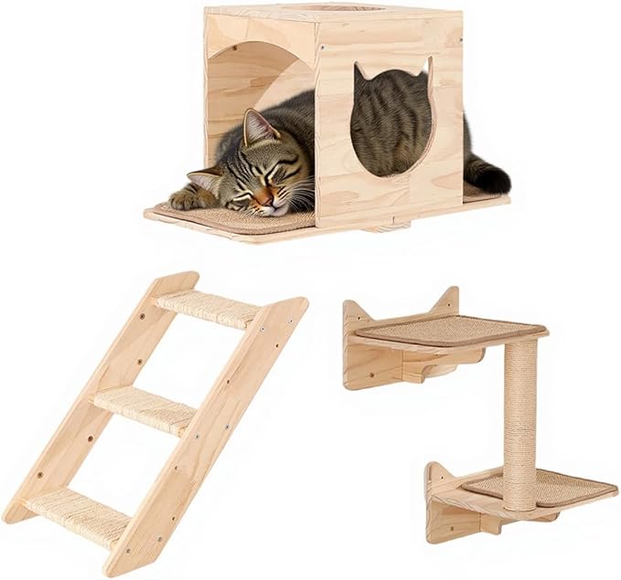 KVIDA Cat Wall Shelves Set – 5PCS Extra-Large Wall Mounted Cat Furniture with 2 Platforms, Sisal Scratching Post &amp; Cat House – Solid Wood Climbing Wall for Large Indoor Cats