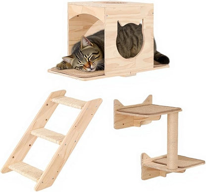 KVIDA Cat Wall Shelves Set – 5PCS Extra-Large Wall Mounted Cat Furniture with 2 Platforms, Sisal Scratching Post &amp; Cat House – Solid Wood Climbing Wall for Large Indoor Cats