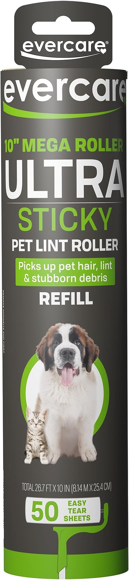 Evercare 10” Mega All-Purpose Pet Hair Lint Roller Refill, 50 Sheets – Sticky Roller for Pet Hair, Cat &amp; Dog Hair Remover, Lint Remover, Pet Hair Remover for Furniture, Clothing &amp; Cars