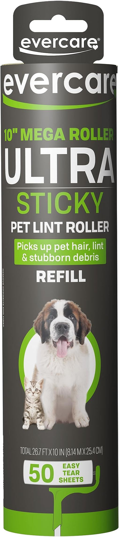 Evercare 10” Mega All-Purpose Pet Hair Lint Roller Refill, 50 Sheets – Sticky Roller for Pet Hair, Cat &amp; Dog Hair Remover, Lint Remover, Pet Hair Remover for Furniture, Clothing &amp; Cars