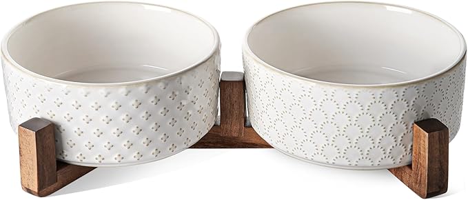 LE TAUCI Ceramic Dog Bowls with Acacia Wood Stand - 7 Inch Food &amp; Water Set for Medium-Large Dogs - Weighted Pet Bowls