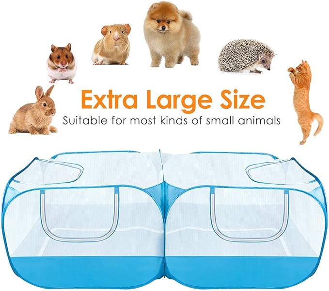 Lukovee Small Animals Playpen, Chicken Pen with Escape-Proof Detachable Bottom &amp; 4 Zipper Doors, Breathable Foldable Portable Large Chicken Run Coop for Puppy Duck Kitten Rabbits Outdoor Yard (Blue)