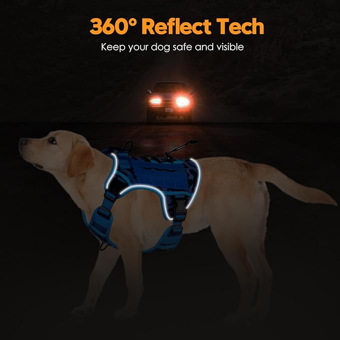 Heavy-Duty Tactical Dog Harness for Large Dogs, No Pull Adjustable Reflective Pet Vest with Molle System, K9 Military-Grade Control for Service Training, Outdoor &amp; 10+ Breeds, Blue Camo, XX-Large