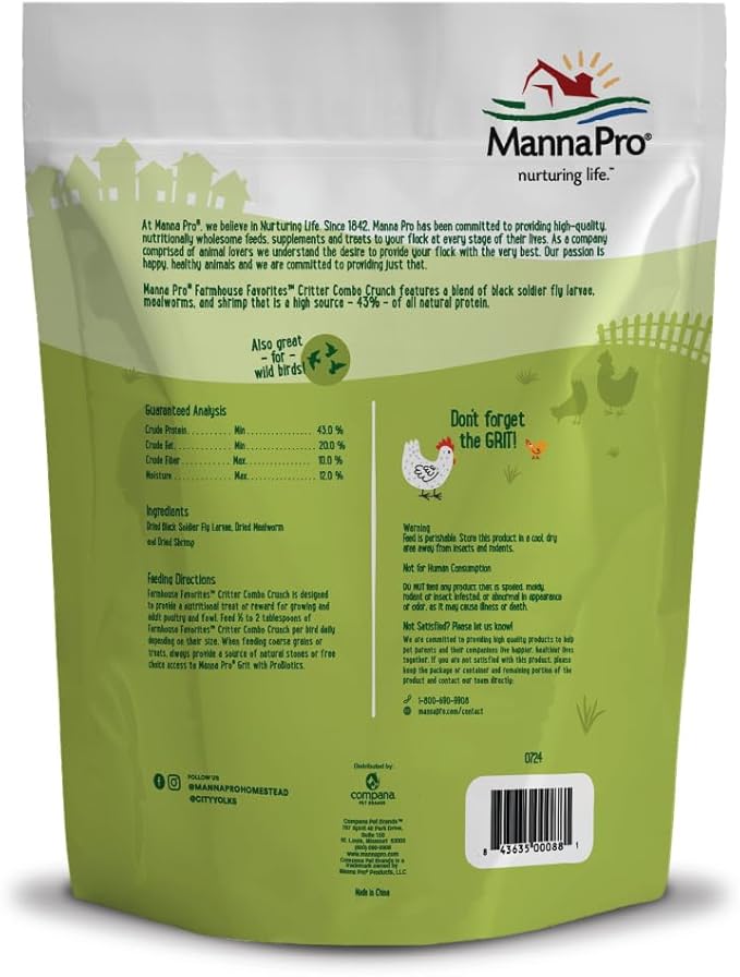 Manna Pro Farmhouse Favorites Critter Combo Crunch Poultry Treat - Protein Poultry Treat - Encourages Natural Foraging Behavior - 100% Natural Blend of Soldier Fly Larvae, Mealworms &amp; Shrimp - 2lb Bag