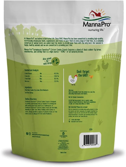 Manna Pro Farmhouse Favorites Critter Combo Crunch Poultry Treat - Protein Poultry Treat - Encourages Natural Foraging Behavior - 100% Natural Blend of Soldier Fly Larvae, Mealworms &amp; Shrimp - 2lb Bag