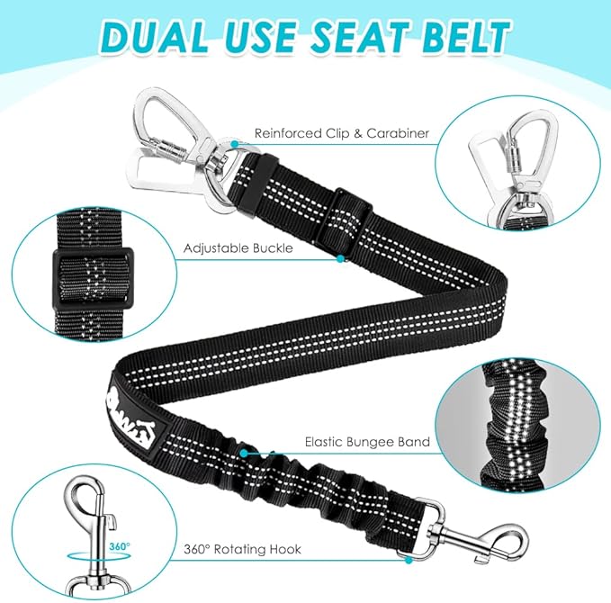 SlowTon Dog Seat Belt Harness for Car, Dog Car Harness Adjustable Mesh Breathable &amp; Dog Seatbelt Safety Tether with Elastic Bungee for Small Medium Large Pets(Light Blue, Double Clip, S)