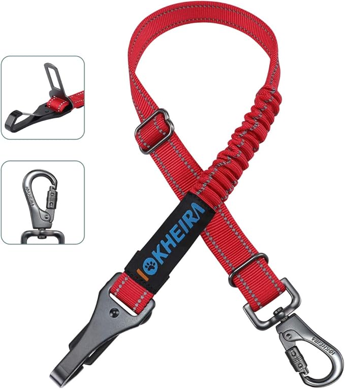 IOKHEIRA Dog Seat Belt 3-in-1 Car Harness for Dogs Adjustable Safety Seatbelt for Car Durable Nylon Reflective Bungee Fabric Tether with Clip Hook Latch &amp; Buckle, Swivel Zinc Alloy Carabiner Red
