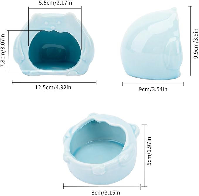 Bear-Shaped Hamster Hideout &amp; Food Bowl Set - Ceramic Habitat for Syrian Dwarf Hamsters, Mice, Gerbils - All-Season Use, Chew-Proof Ceramic House and Feeding Dish for Small Pets(Blue)