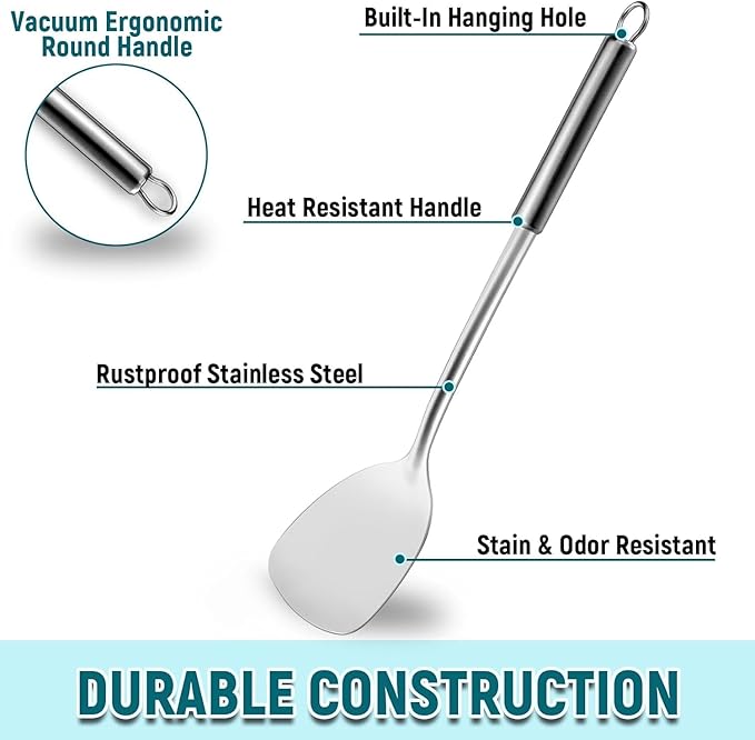 Pleafind 2-Pcs Solid &amp; Slotted Spatula Set, 304 Stainless Steel Spatula, Metal Spatulas, Wok Utensils, Cooking Utensils, Wok Spatulas for Home, Kitchen and Restaurant, Dishwasher Safe