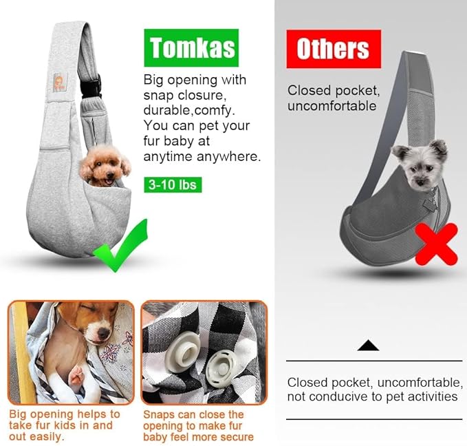 Tomkas Small Dog Sling Carrier - Zipper Pocket &amp; Adjustable Strap - for 3-10 lbs Pets(Grey)