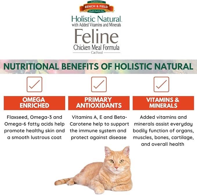 Bench &amp; Field Holistic Natural Premium Adult Dry Cat Food, Chicken Meal and Brown Rice Recipe 25 lb Bag (Pack of 1)