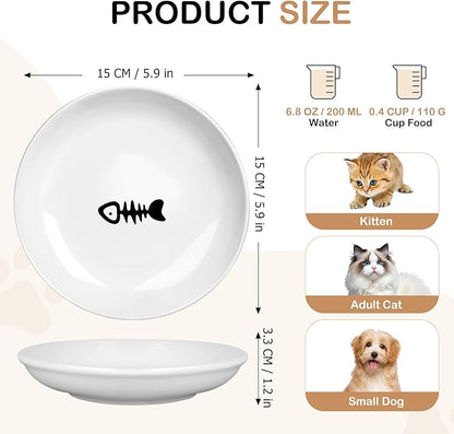 TRUVIC 4 Pack Ceramic Cat Food Bowls, 5.9 Inch Ceramic Cat Dishes Set for Indoor Cats and Small Dogs, Anti Whisker Fatigue Kitten Bowls, Wide Shallow Kitten Plates for Food and Water (Fishbone)