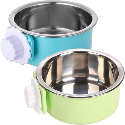 kathson Crate Dog Bowl, Removable Stainless Steel Hanging Pet Kennel Cage Bowl Food &amp; Water Feeder Coop Cup for Puppy, Cat, Rabbit,Guinea Pigs 2pcs (Blue,Green)