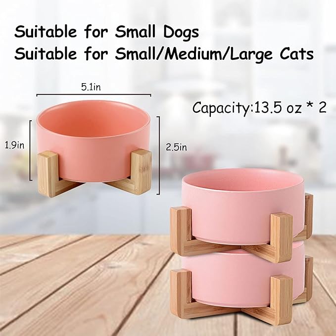 Petygooing Dog Cat Bowl Ceramic Pink Pet Dish with Stand for Food and Water, Modern Cute Matte Glaze Weighted Pet Bowls Set for Cats &amp; Small Size Dogs 13.5 OZ (5.1In / 1.7 Cups) Pink