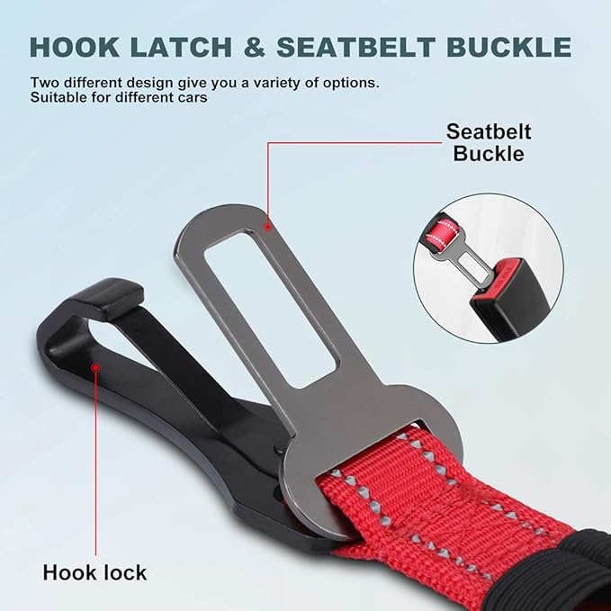 IOKHEIRA Dog Seat Belt 3-in-1 Car Harness for Dogs Adjustable Safety Seatbelt for Car Durable Nylon Reflective Bungee Fabric Tether with Clip Hook Latch &amp; Buckle, Swivel Zinc Alloy Carabiner Red