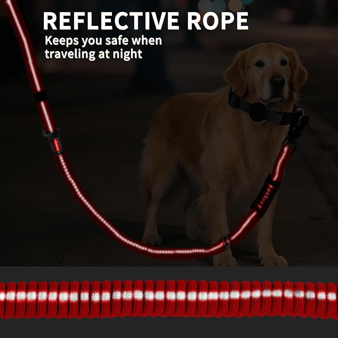 Heavy Duty Bungee Dog Leashes, 4-6FT Shock Absorbing Tactical Dog Leash with 2 Padded Handles, Metal Carabiner Clip, No Pull Reflective Dog Leash for Medium Large Dogs (Red)