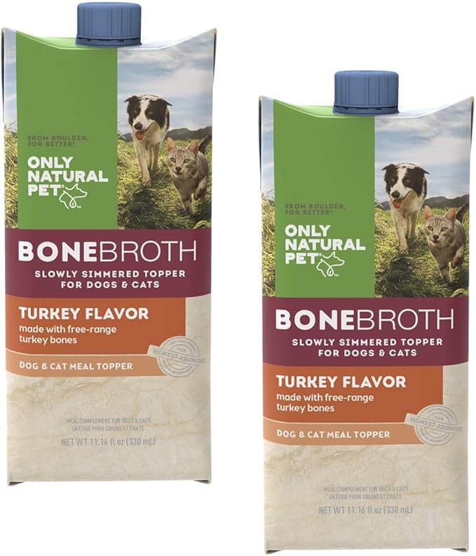 Only Natural Pet Bone Broth Turkey Flavor Dog &amp; Cat Meal Topper, 100% Human-Grade Slow-Simmered, Free-Range for Dry Food or to Hydrate Dehydrated Food - (2-Pack / 11.16 oz Each)