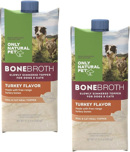 Only Natural Pet Bone Broth Turkey Flavor Dog &amp; Cat Meal Topper, 100% Human-Grade Slow-Simmered, Free-Range for Dry Food or to Hydrate Dehydrated Food - (2-Pack / 11.16 oz Each)