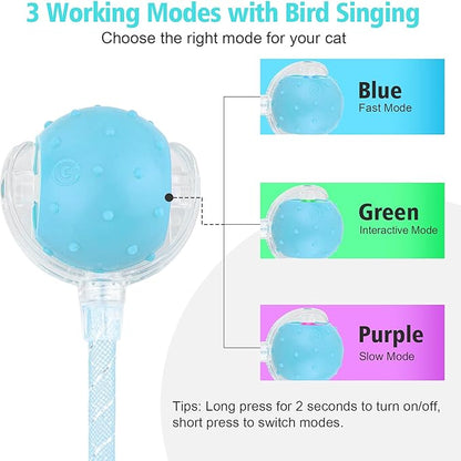 Interactive Cat Toys Ball for Indoor Cats, Automatic Agile Rolling Cat Ball with Elastic Mesh Tail, Bird Chirping &amp; Motion Activated, 2 Tail Accessories, Kitten Toy for Bored (Blue)