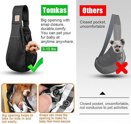 Tomkas Small Dog Sling Carrier - Adjustable Strap &amp; Zip Pocket - Suitable for Puppies (Black)