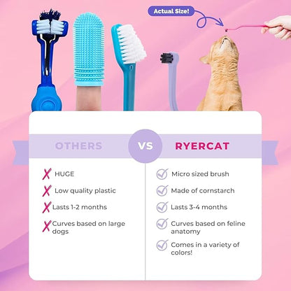 RYERCAT Set of 2 Dual Sided Cat Toothbrush - Kitten Toothbrush with Micro Head to fit into Cat/Kittens Mouth - Cat Dental Care Supplies - Pet Toothbrush for Cats(Lavender Purple &amp; Ocean Blue)