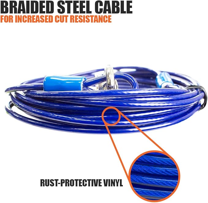 BV Dog Tie Out Cable 25 Feet - Heavy Duty Dog Lead Up to 60 Pounds - Reflective &amp; Rust-Free with Quick Release Swivel Clips &amp; 360° Rotating Clasp - Tangle-Free Dogs Runner for Yard (Blue, Single)