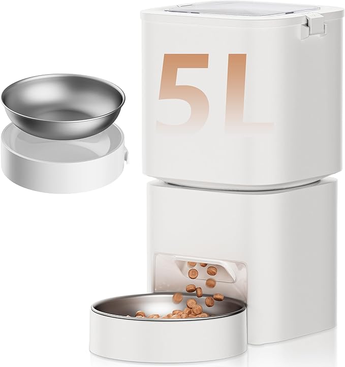 5L/21 Cups Automatic Cat Feeder, Timed Automatic Pet Feeders, Cat Dry Food Dispenser Dual Power, 10 Meals Programmable 1-15 Portion Control Cats Feeder, Pet Food Dispenser for Cats &amp; Puppy(Not WiFi)