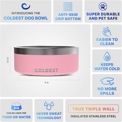 Coldest Dog Bowl - Anti Rust Metal, Non Slip, 3 Layers Insulated Stainless Steel Dog Bowls - Spill Proof &amp; Heavy Duty - Water Bowl for Dogs, Cats &amp; Pets, Dish Washer Safe (64 oz,Cotton Candy Pink)