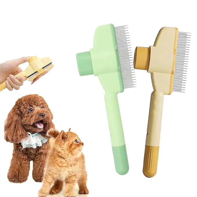 2PCS Self CleaningPetComb Grooming Brush,PetComb for Dogs &amp; Cats, Brush for Cats, Cat dog comb Pet Grooming for Massaging and Cleaning Shedding Hair (Green+Yellow)