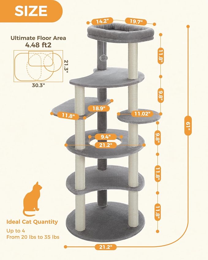 PETEPELA 61" Cat Tree for Indoor Cats, [6-Levels] Cat Climbing Tower with 9 Sisal Scratching Posts and Replaceable Dangling Ball &amp;Top Perch, Grey