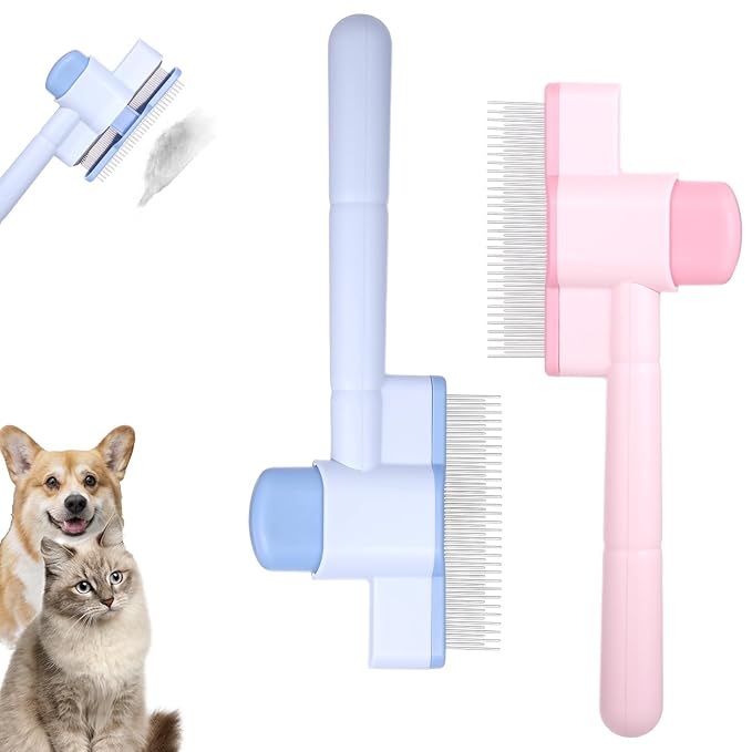 Zen Brush for Cats: Cat Flea Comb &amp; Dematting Comb for Cats - Self-Cleaning Pet Hair Removal Tool with Long &amp; Short Stainless Steel Teeth, Blue Pink