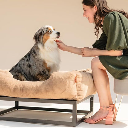FUZI Luxury Aesthetic Dog Bed with Extra Cover for Medium Dogs, Washable Pet Couch, Pet Bed with Sides, Non-Slip Bottom, Soft &amp; Durable Calming Bed, Faux Rabbit Fur, Medium 31.75x23.6x9.5 Light Brown