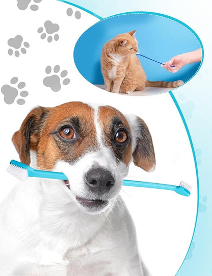 Brand Name 100pcs Double Headed Soft Bristle Toothbrush Brush Kit - Long Handle for Dogs, Cats &amp; Pets - Blue