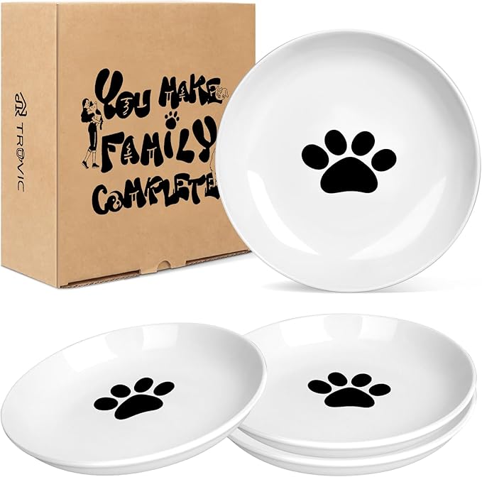 TRUVIC 4 Pack Ceramic Cat Food Bowls, 5.9 Inch Ceramic Cat Dishes Set for Indoor Cats and Small Dogs, Anti Whisker Fatigue Kitten Bowls, Wide Shallow Kitten Plates for Food and Water (Cat&