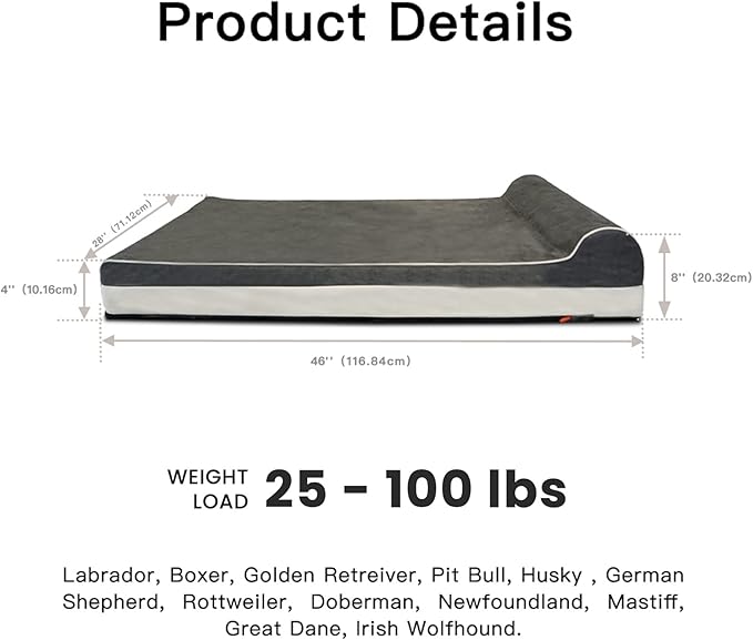 Laifug Orthopedic Memory Foam Extra Large Dog Bed with Pillow and Durable Water Proof Liner &amp; Removable Washable Cover &amp; Smart Design (Large (46"x28"x8"), Grey)