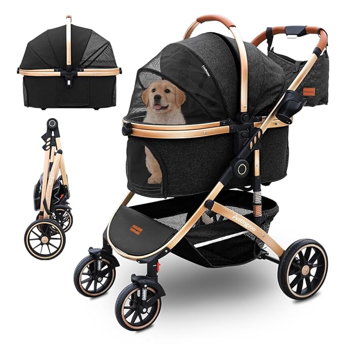 Pettingzoo Dog stroller with 4 Wheels, Folding Cat Stroller for Small/Medium/Large dogs &amp; cats to 60 lbs, pet stroller with removable carrier, Storage Basket,Cup Holder,3 in1 Multifunctiona Detachable