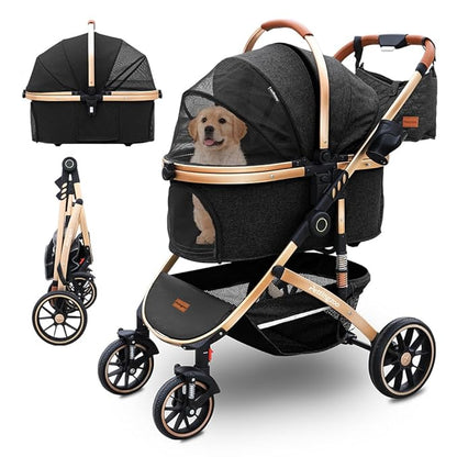 Pettingzoo Dog stroller with 4 Wheels, Folding Cat Stroller for Small/Medium/Large dogs &amp; cats to 60 lbs, pet stroller with removable carrier, Storage Basket,Cup Holder,3 in1 Multifunctiona Detachable