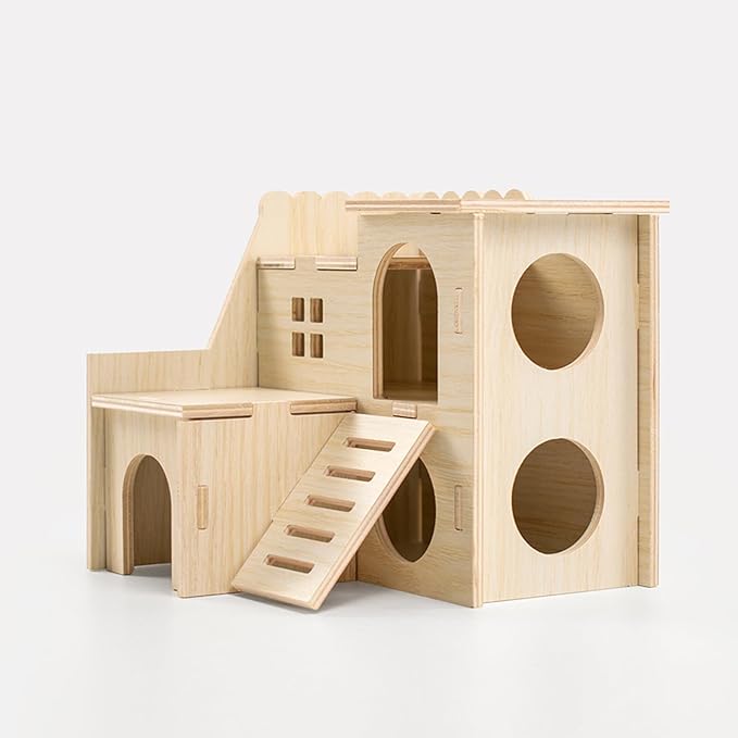 Multi-Chamber Hamster Hideout &amp; House, Natural Wood Small Animal Cage Accessories for Dwarf Hamsters, Gerbils and Mice – Ventilated Design with Structure