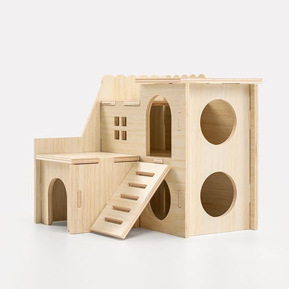 Multi-Chamber Hamster Hideout &amp; House, Natural Wood Small Animal Cage Accessories for Dwarf Hamsters, Gerbils and Mice – Ventilated Design with Structure