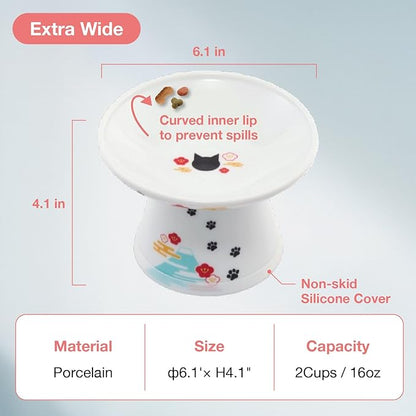Necoichi Raised Cat Food Bowl – Ceramic Elevated Cat Bowl for Whisker &amp; Neck Fatigue, Dishwasher Microwave Safe – Non-Slip &amp; Anti Vomiting Ergonomic Design (Fuji, Extra Wide)