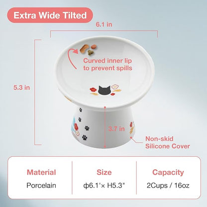 Necoichi Extra Wide Raised Cat Food Bowl, Elevated, Prevent Neck &amp; Whisker Fatigue, Dishwasher and Microwave Safe, No.1 Seller in Japan! (Fuji, Extra Wide Tilted)
